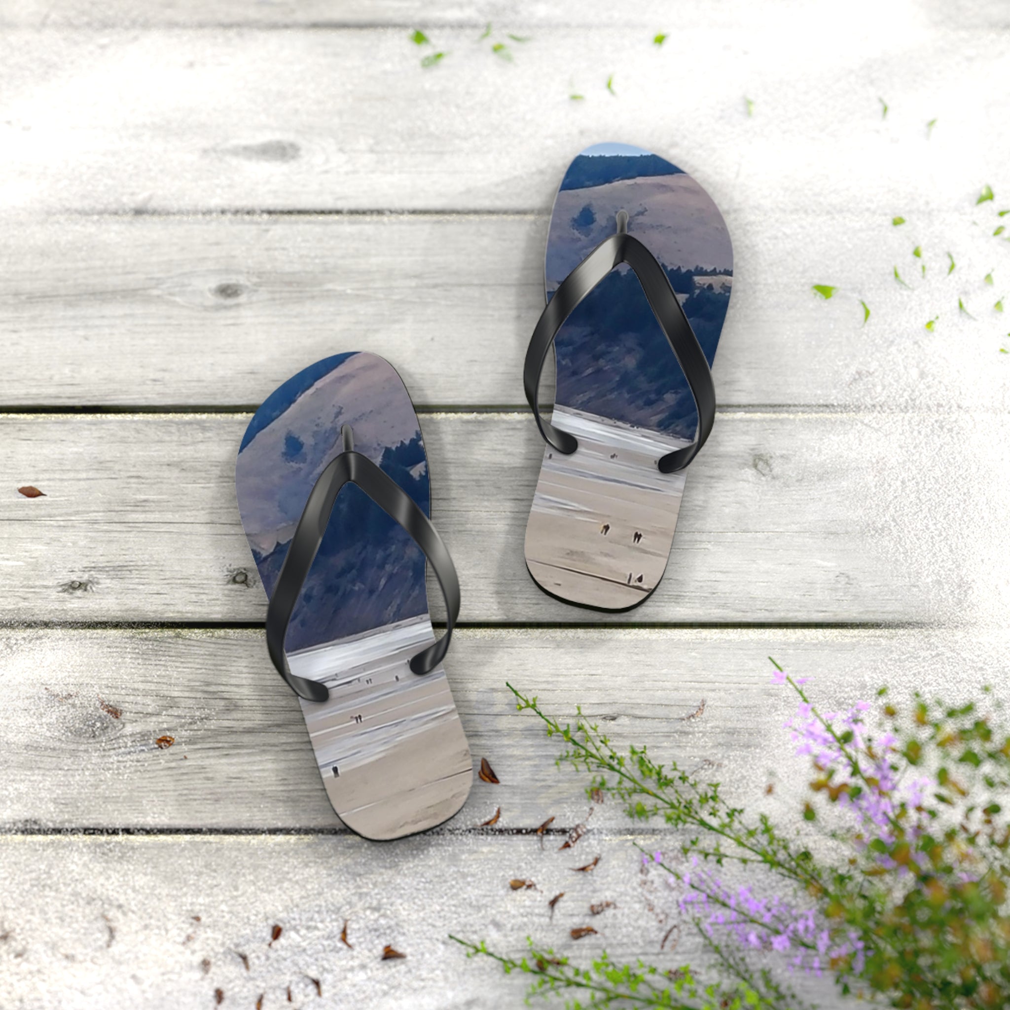 Flip-flops with a beach and mountain scene printed on soles, on wooden planks.