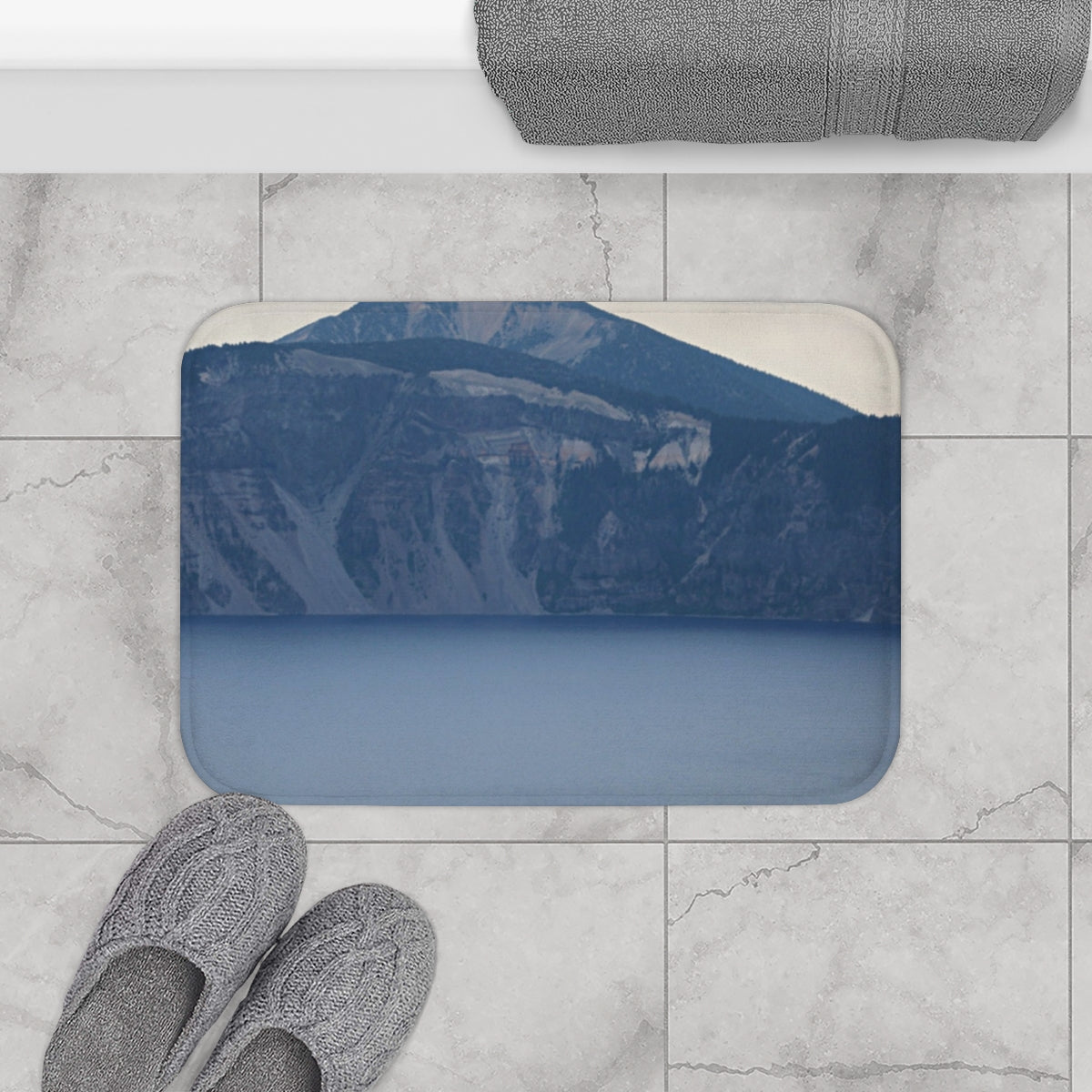 Serene Mountain and Lake Image Bathroom Mat Product
