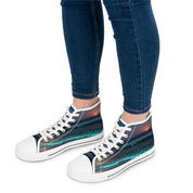 High-top sneakers with a vibrant, abstract wave pattern.