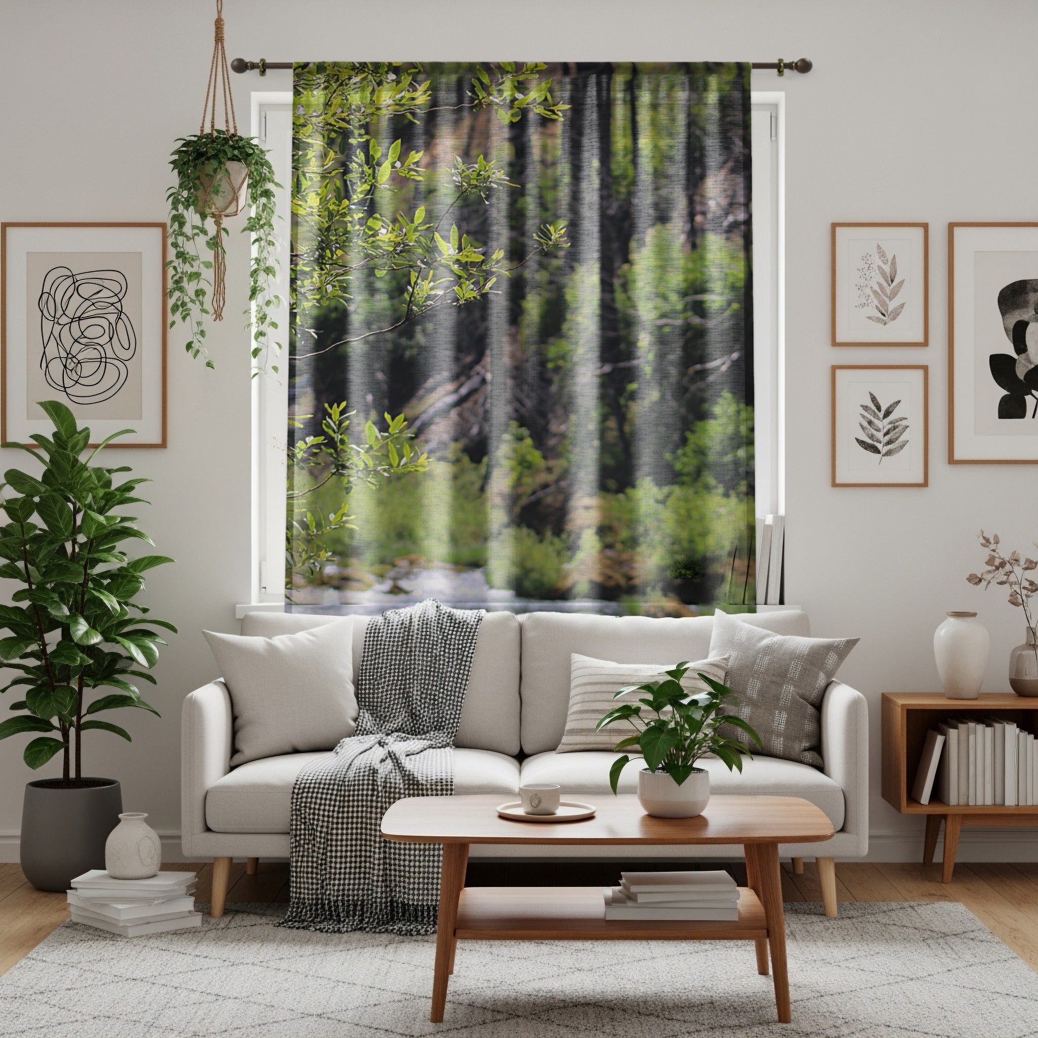 River Window Curtain, Nature Landscape Home Decor, Water Flowing Sunlight, Forest Scene Drape, Scenic View Window Covering, Indoor Outdoor