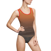 Sunset Beach Scene Red Trim Women's One-Piece Swimsuit