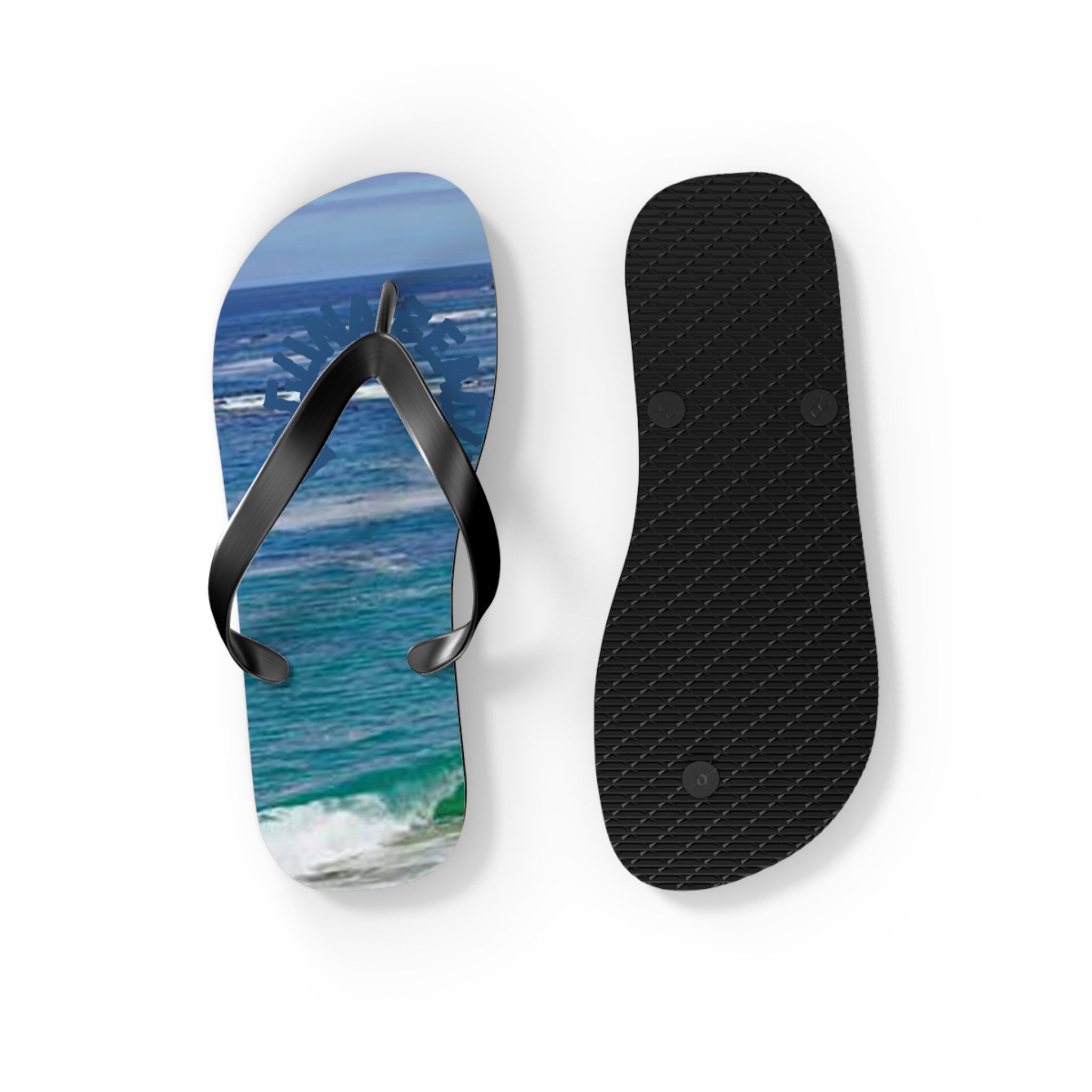 Flip-flops with ocean waves on one and textured sole on the other.