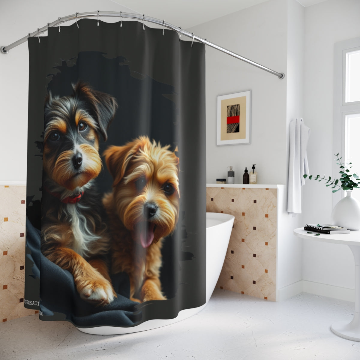 Adorable Puppies Printed on Black Shower Curtain