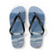 Flip flops with a beach and ocean scene on the soles.
