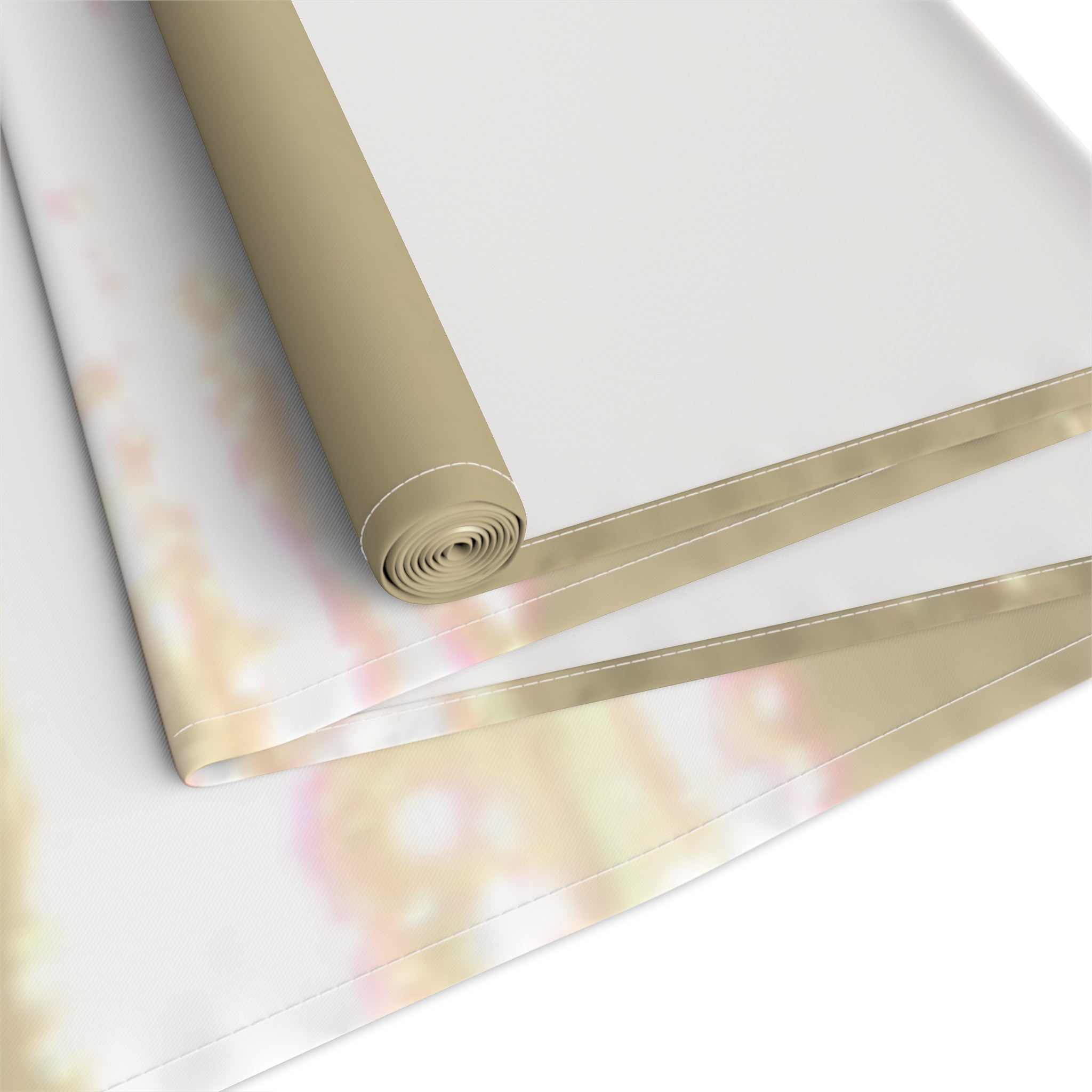 Rolled fabric with a warm, abstract pattern on a white background.