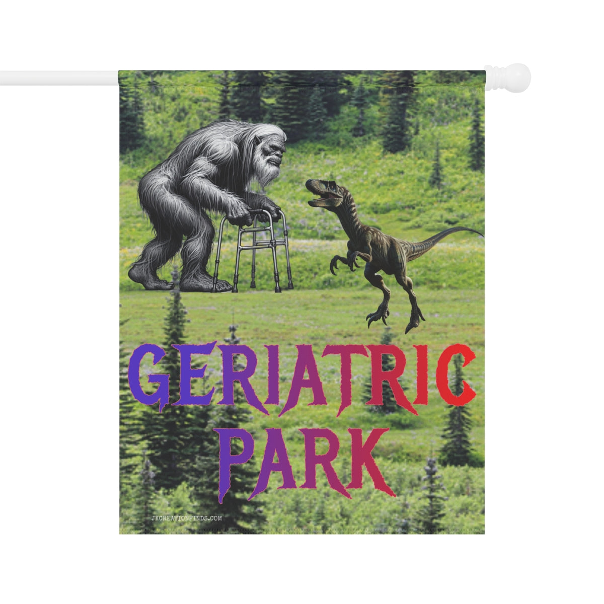 Geriatric Park Bigfoot vs Dinosaur Yard Flag Banner