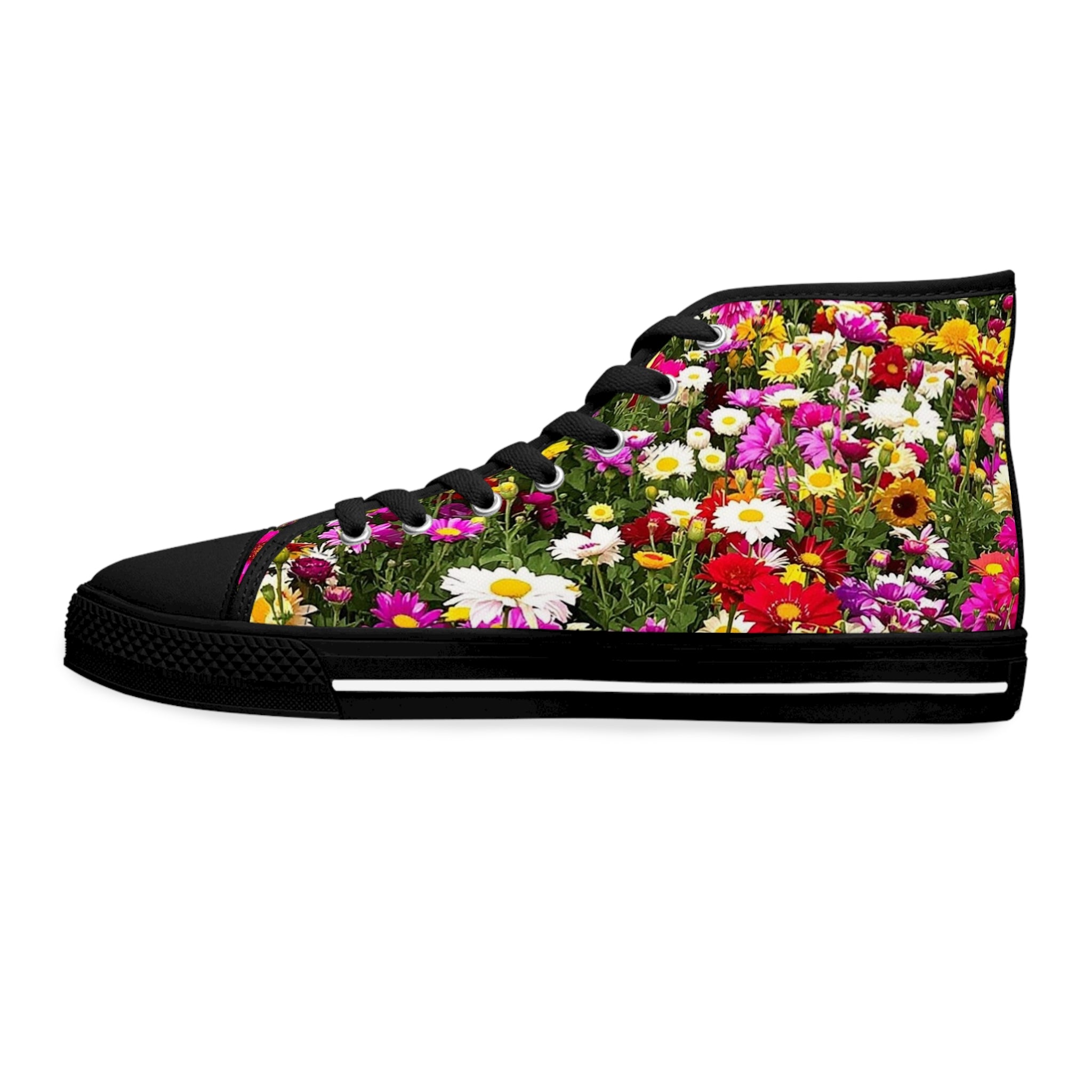 Black high-top sneakers with a vibrant floral pattern.
