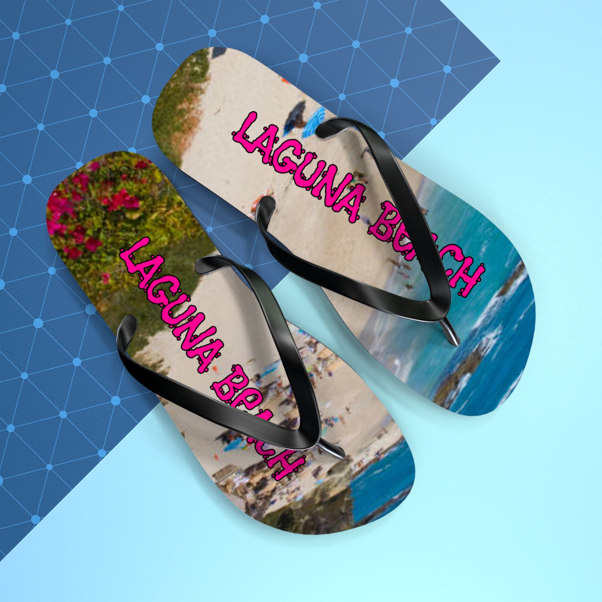 Laguna Beach flip-flops with beach scene and pink text on a blue grid.