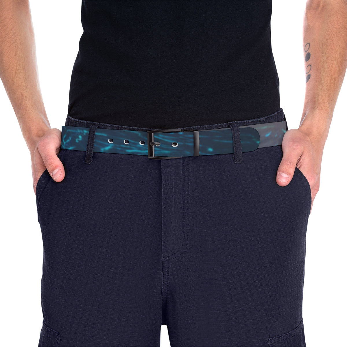 Stylish Black Belt with Blue Patterned Detail Belt