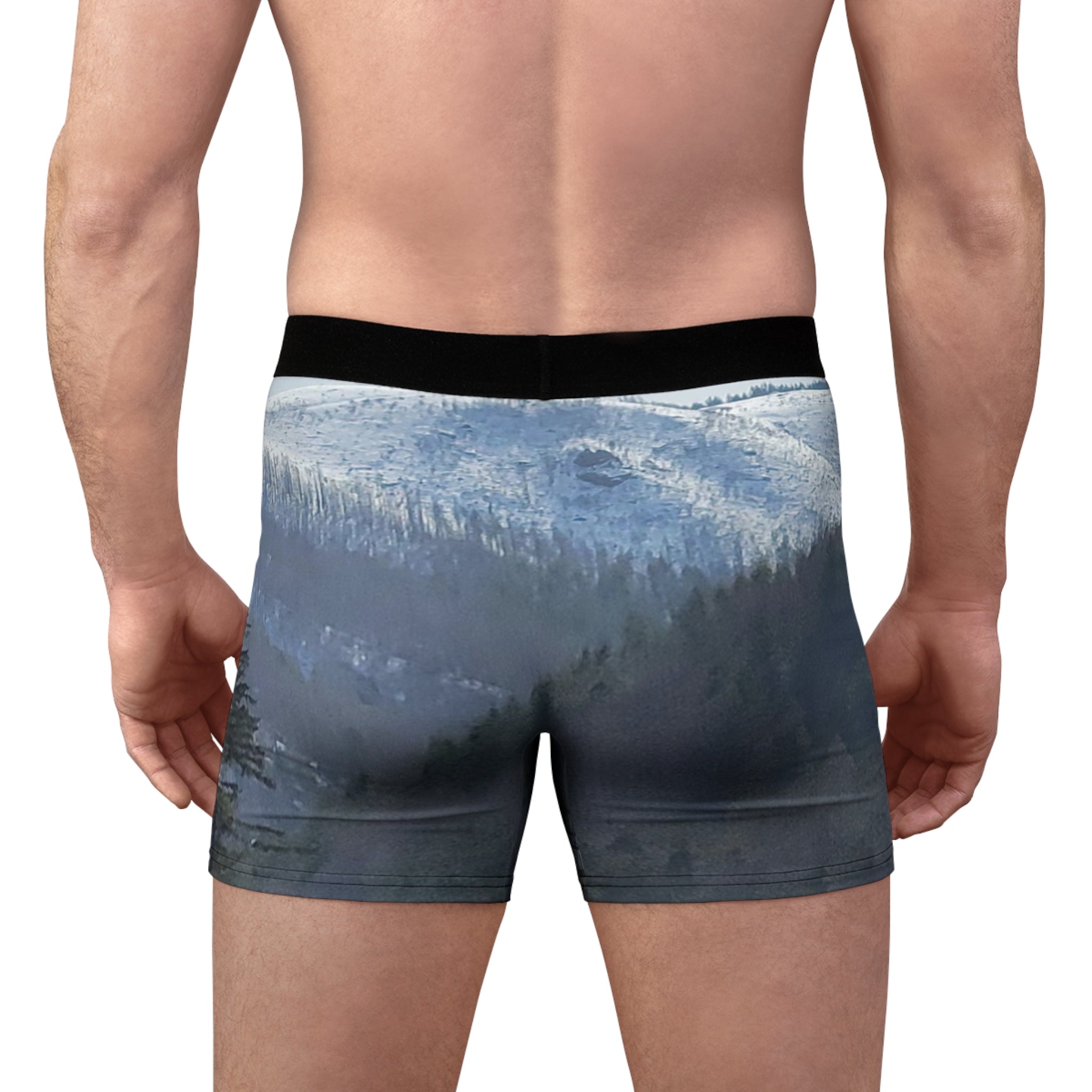 Boxer briefs with a winter forest and snow-covered mountains print.