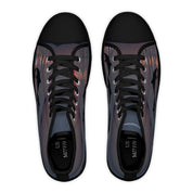High-top sneakers with leaping dolphin silhouette pattern against sunset.
