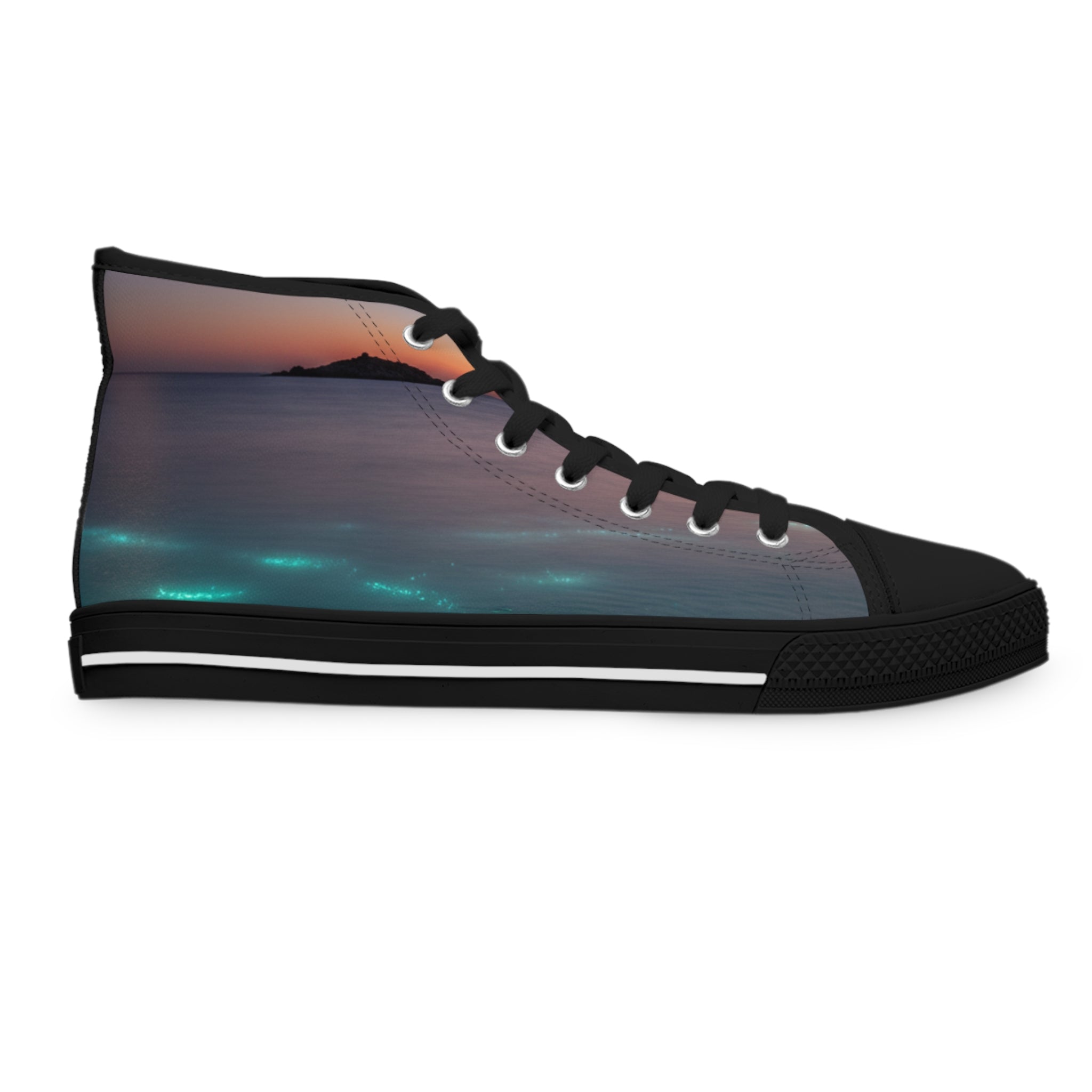 High-top sneaker with a vibrant sunset ocean scene on the side.