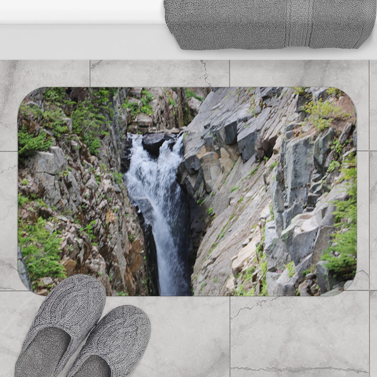 Scenic Waterfall in Mountain Landscape Bath Mat