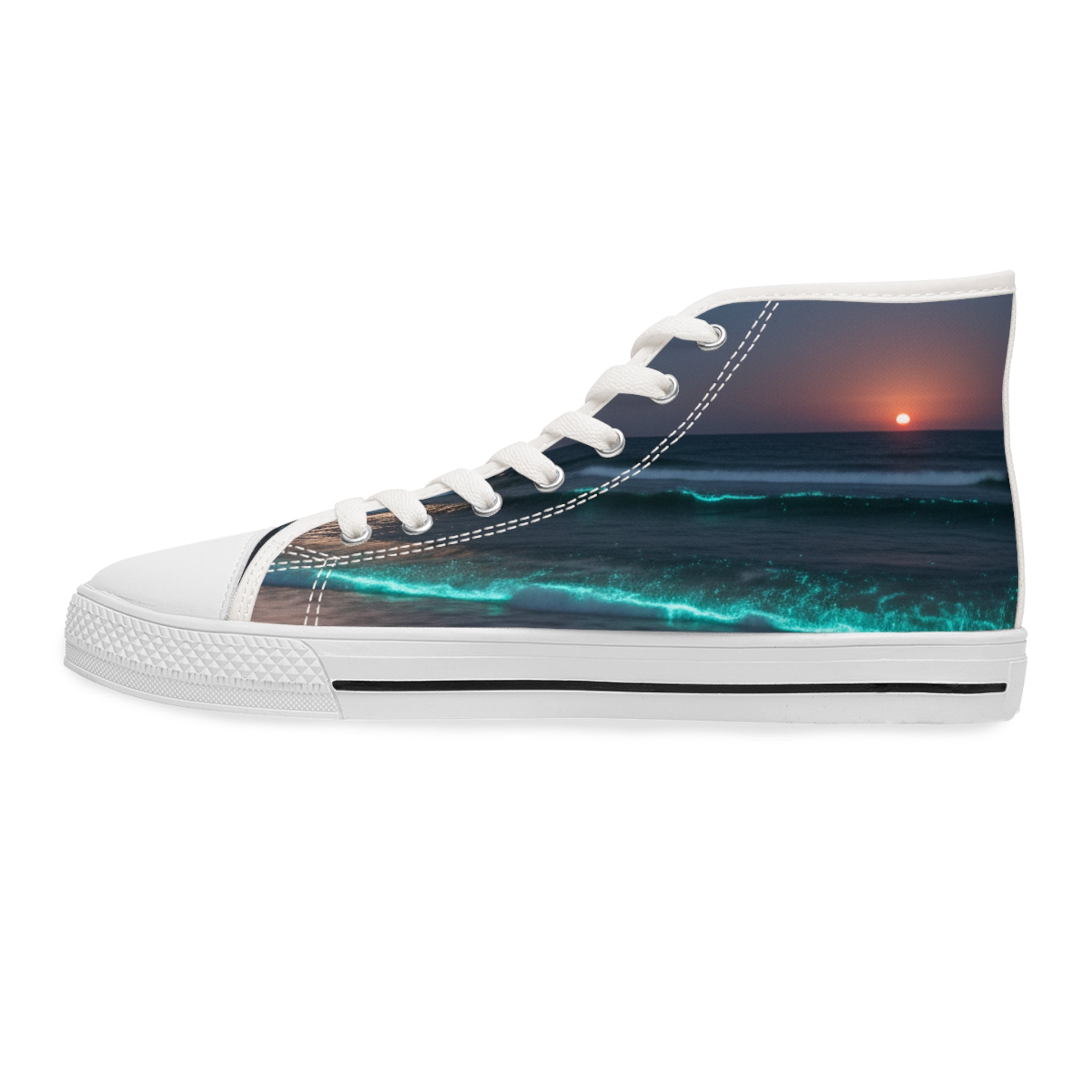High-top sneakers with a sunset ocean wave design on the side panel.