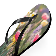 Flip-flops with a close-up view of pink, yellow, and purple tulips.
