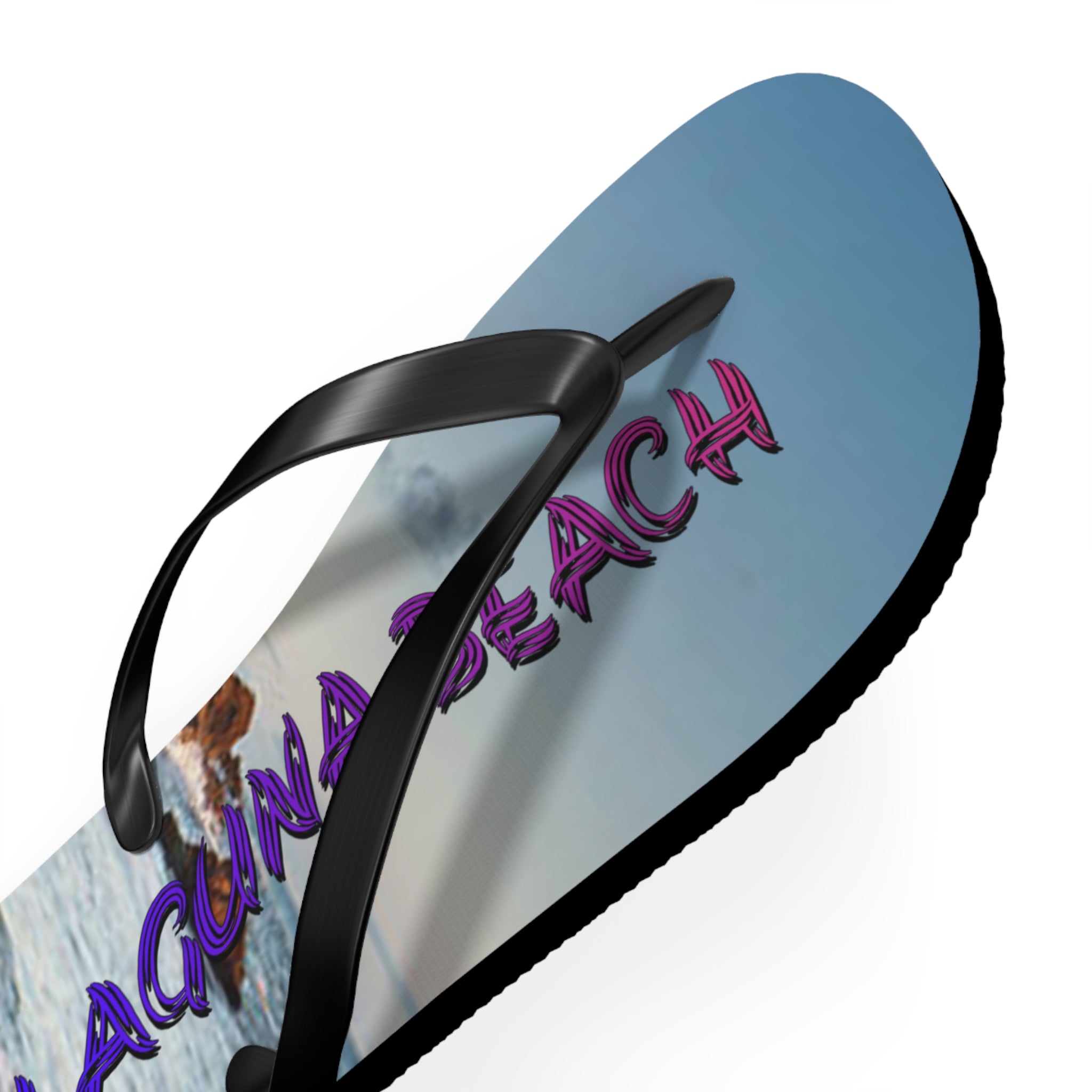 Flip-flops with "Laguna Beach" text and a beach landscape scene.