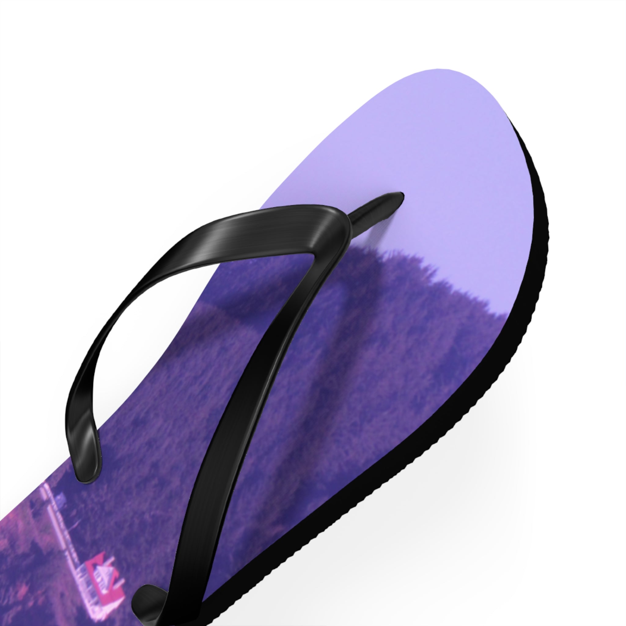 Purple flip-flop with landscape print on sole.