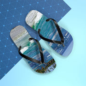 Flip-flops with a tropical beach and ocean wave print.