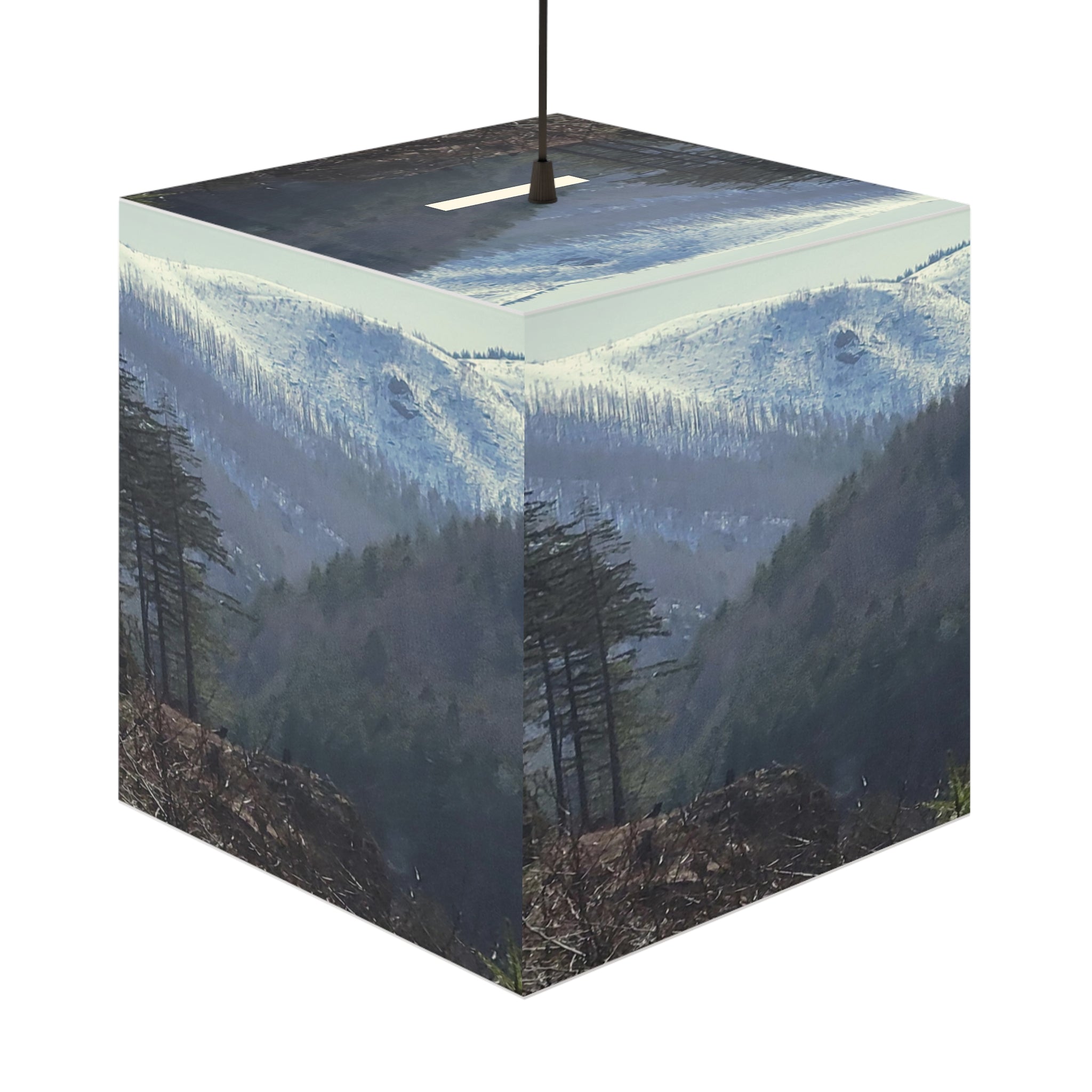 Snowy Mountain Valley Evergreen Trees Cube Light product type