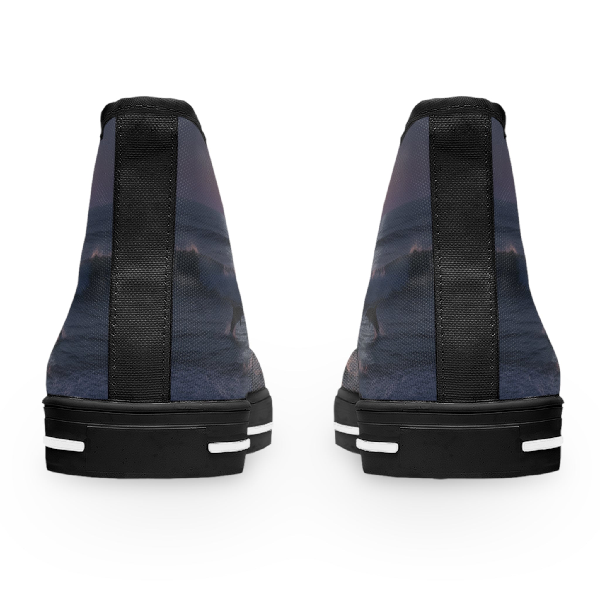 Back view of two high-top sneakers with a dark, scenic landscape print.