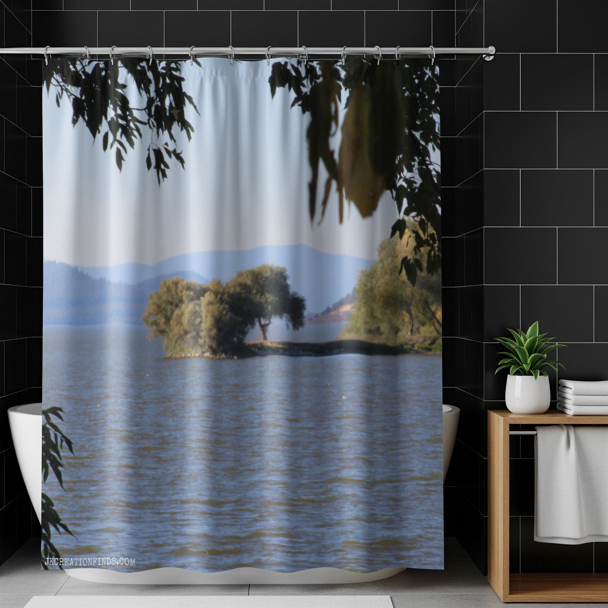 Serene Lakeside Landscape in Nature Shower Curtain