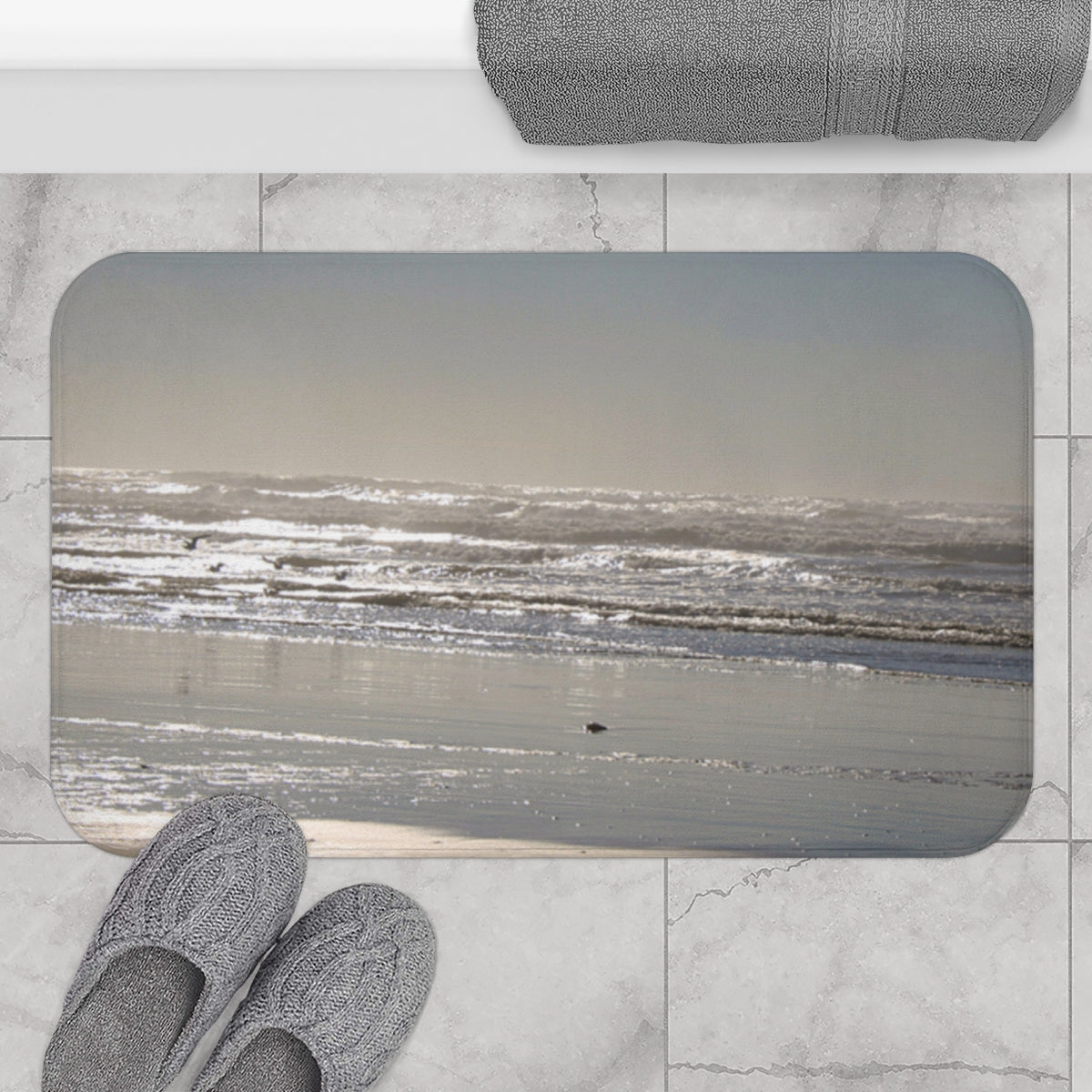 Tranquil Beach Scene with Waves and Sand Bath Mat