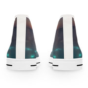 White high-top sneakers with glowing teal accents.