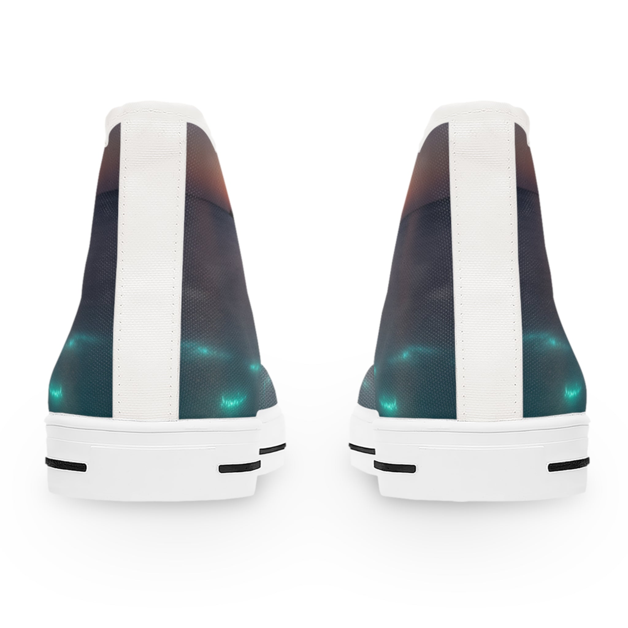 White high-top sneakers with glowing teal accents.
