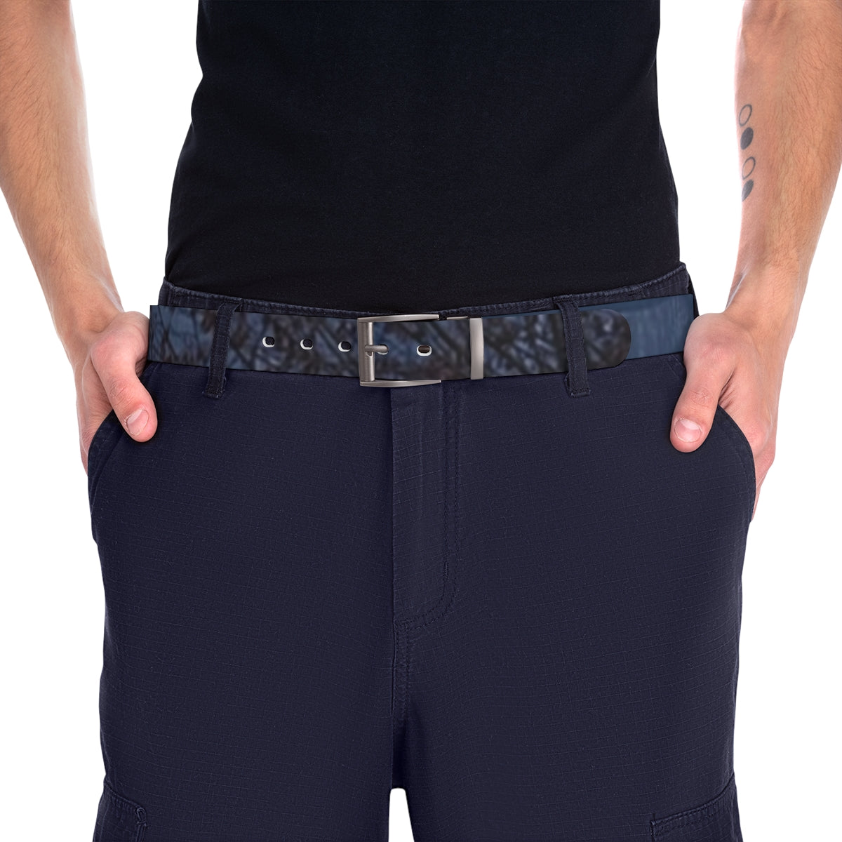 Black T-Shirt with Dark Blue Belt Casual Look Fashion