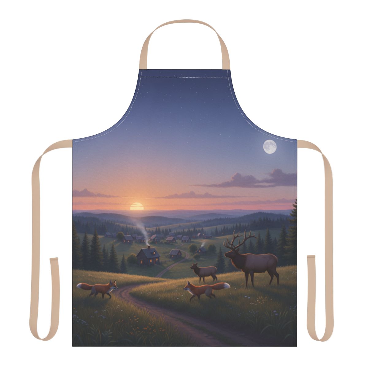 Scenic Wildlife Sunset Apron with Forest and Animals Design
