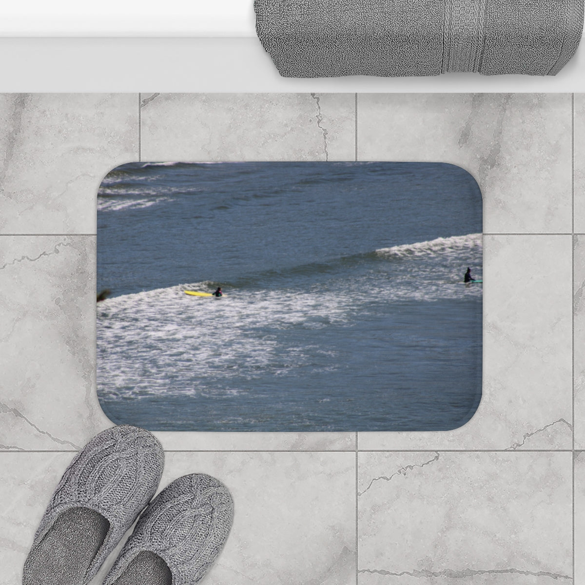 Surfing on Blue Ocean Waves Bathroom Mat