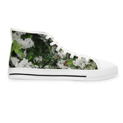 White high-top sneaker with a floral print.