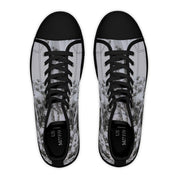 High-top sneakers with a snowy forest pattern and US M/7 F/9 sizing.
