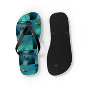 Flip-flops with sea turtles swimming underwater on the footbed.