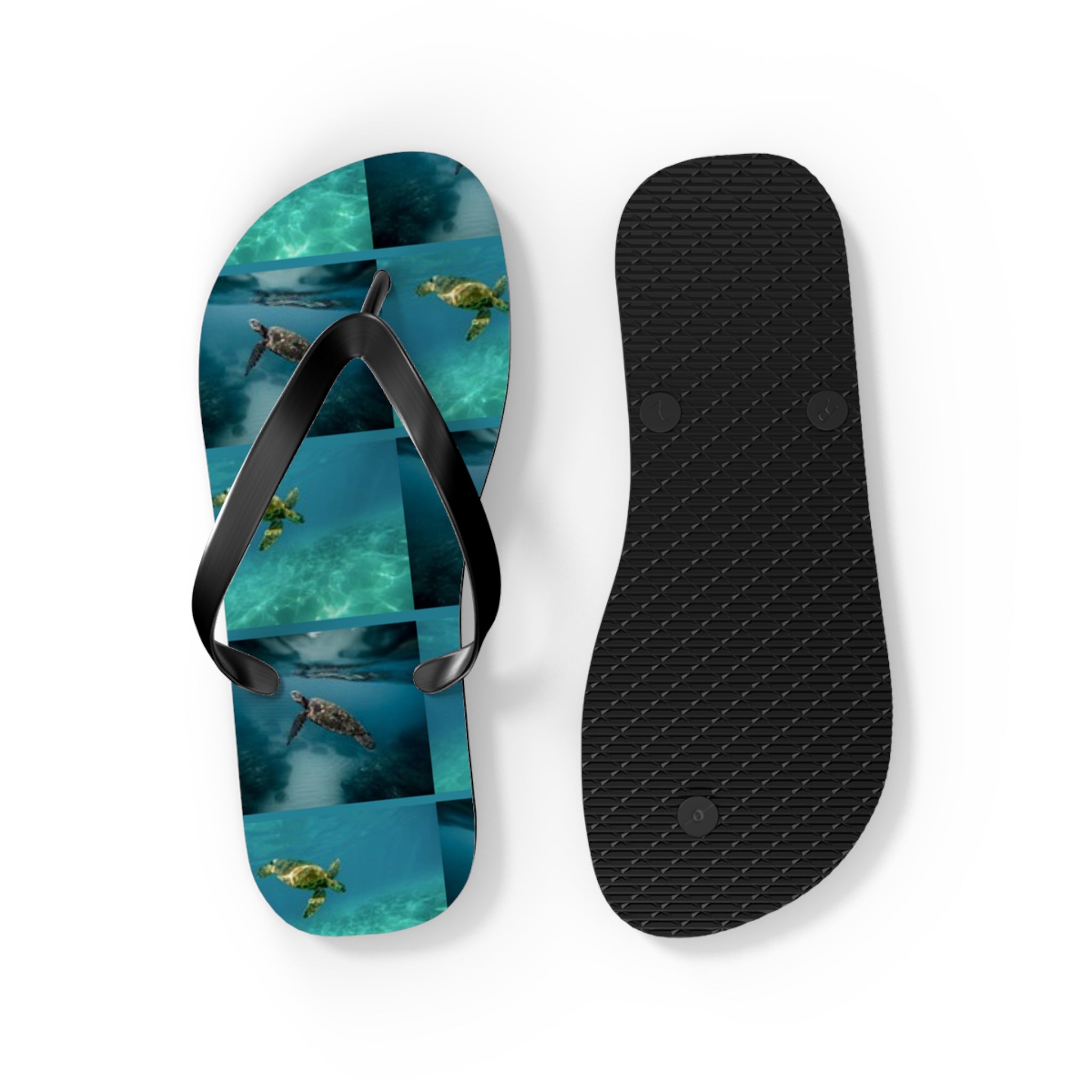 Flip-flops with sea turtles swimming underwater on the footbed.