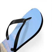Flip-flops with a sky and landscape design on the straps.