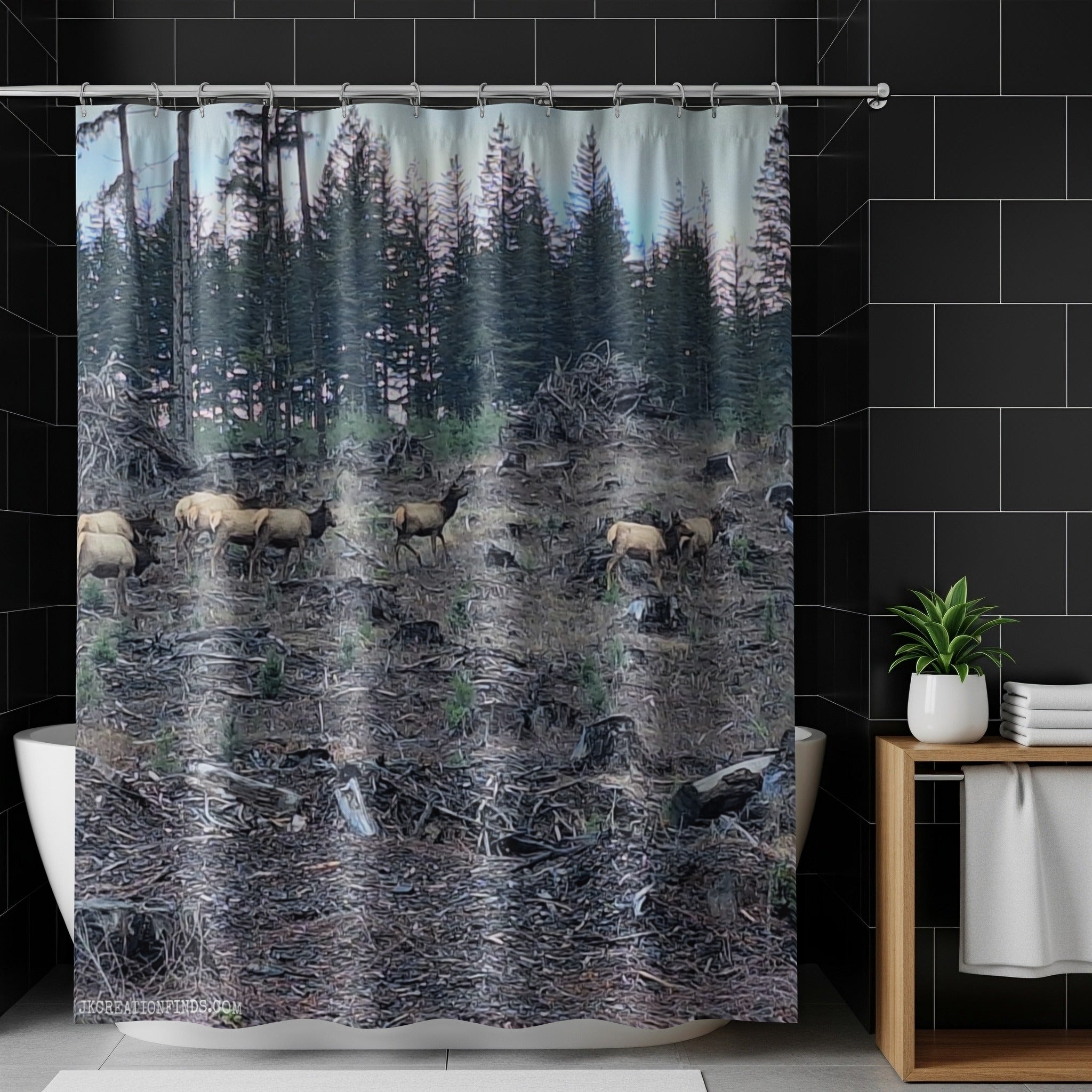 Majestic Forest Scene with Deer Shower Curtain
