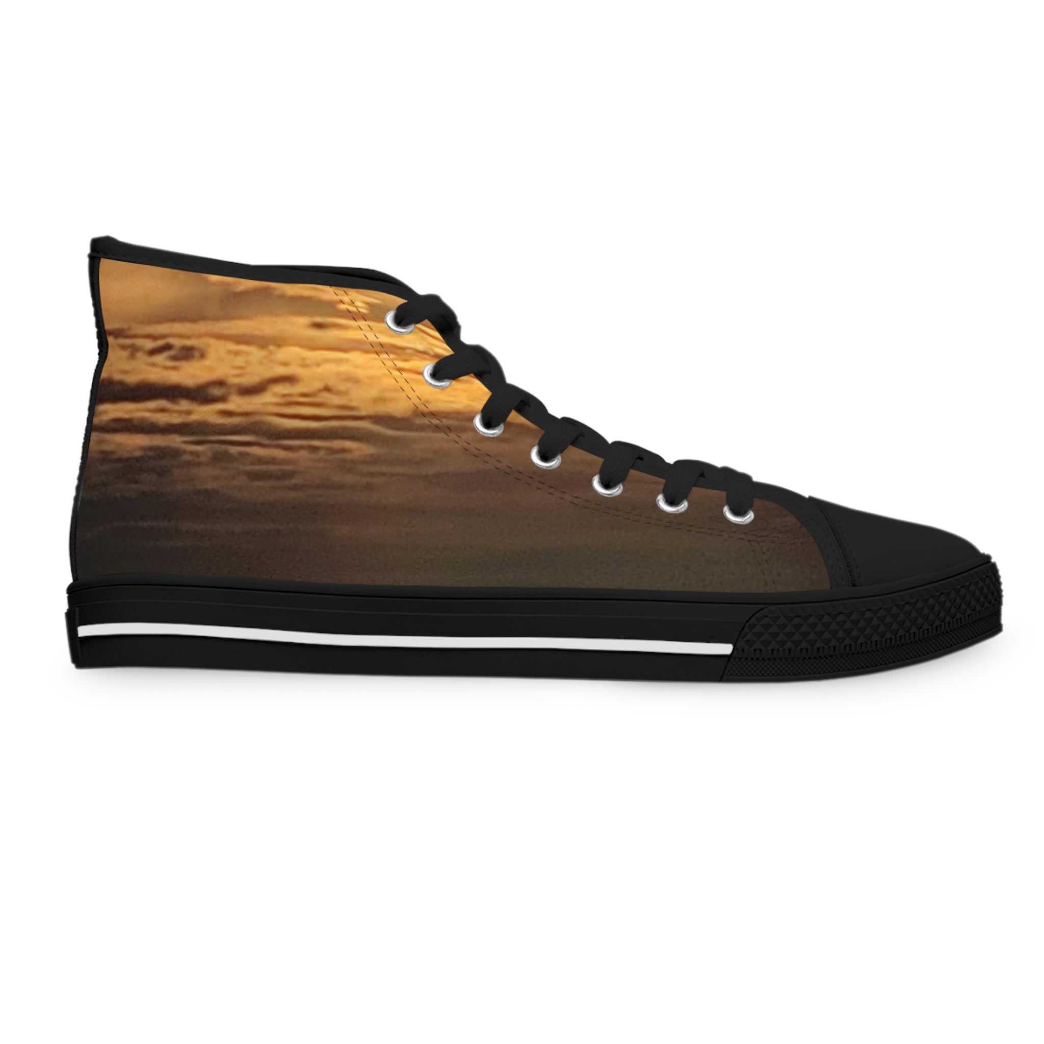 High-top sneaker with a sunset sky pattern on the side.