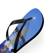 Flip-flop with "Laguna Beach" text and sunny coastal landscape design.