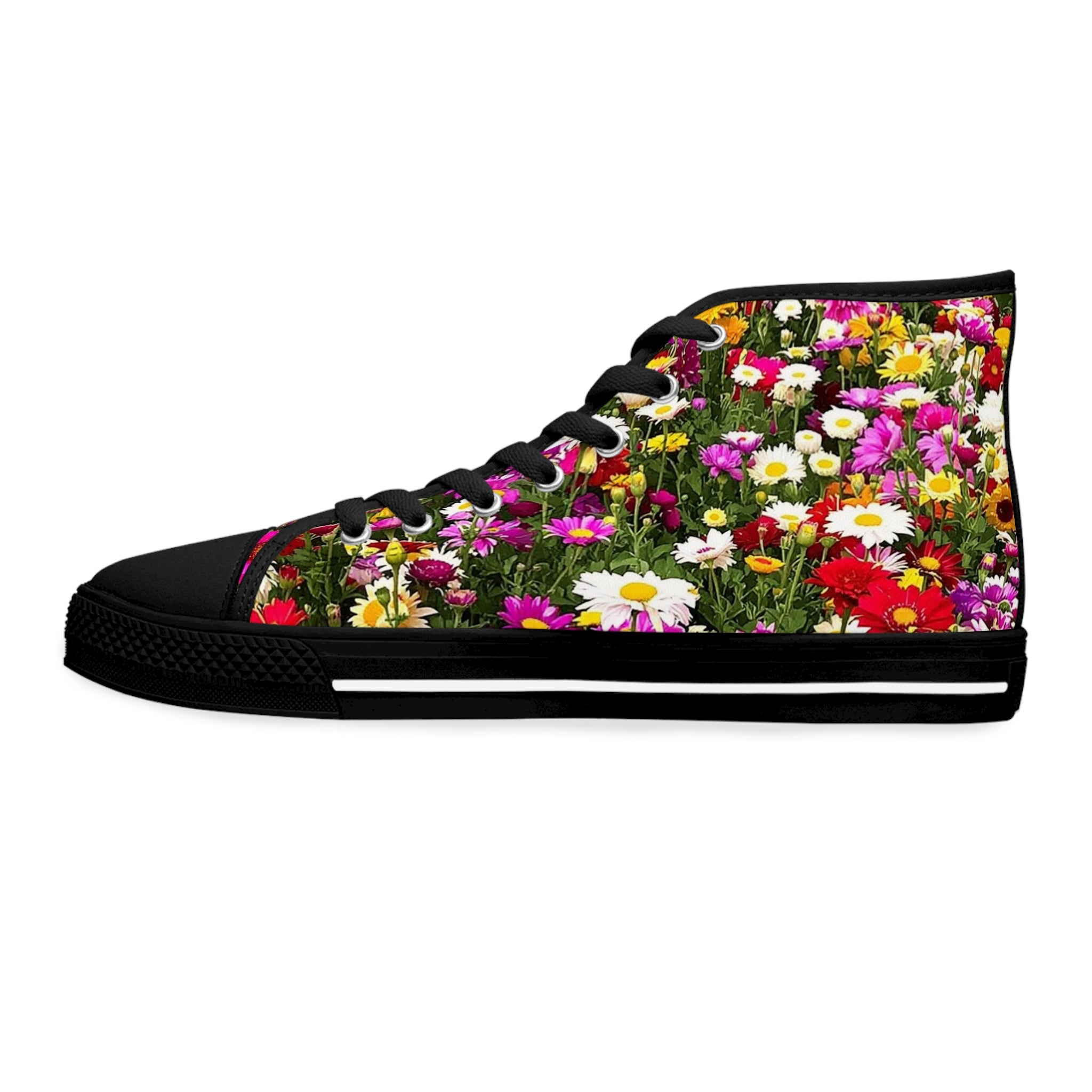 High-top sneaker with a colorful floral pattern.