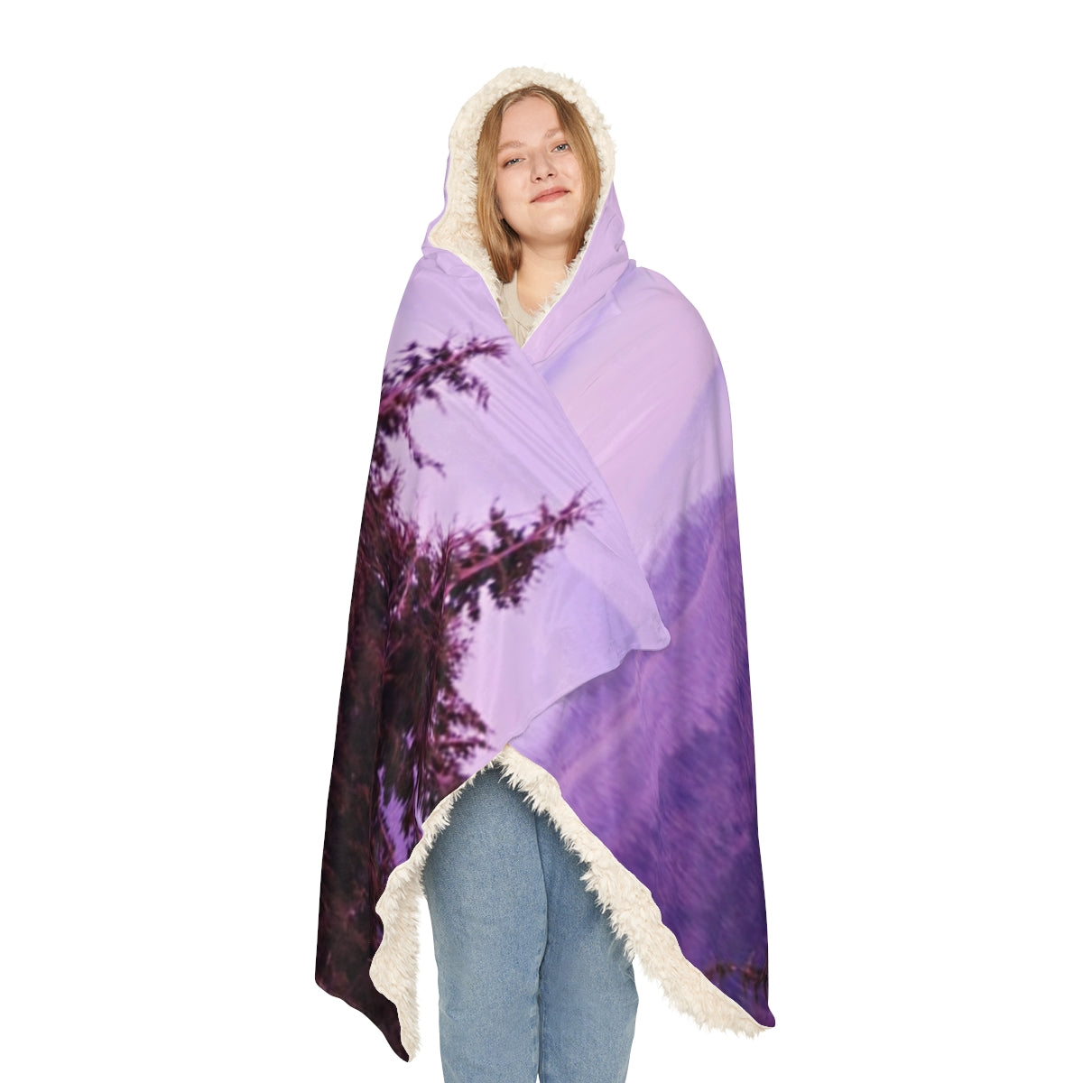 Cozy Hooded Blanket with Purple Nature Design