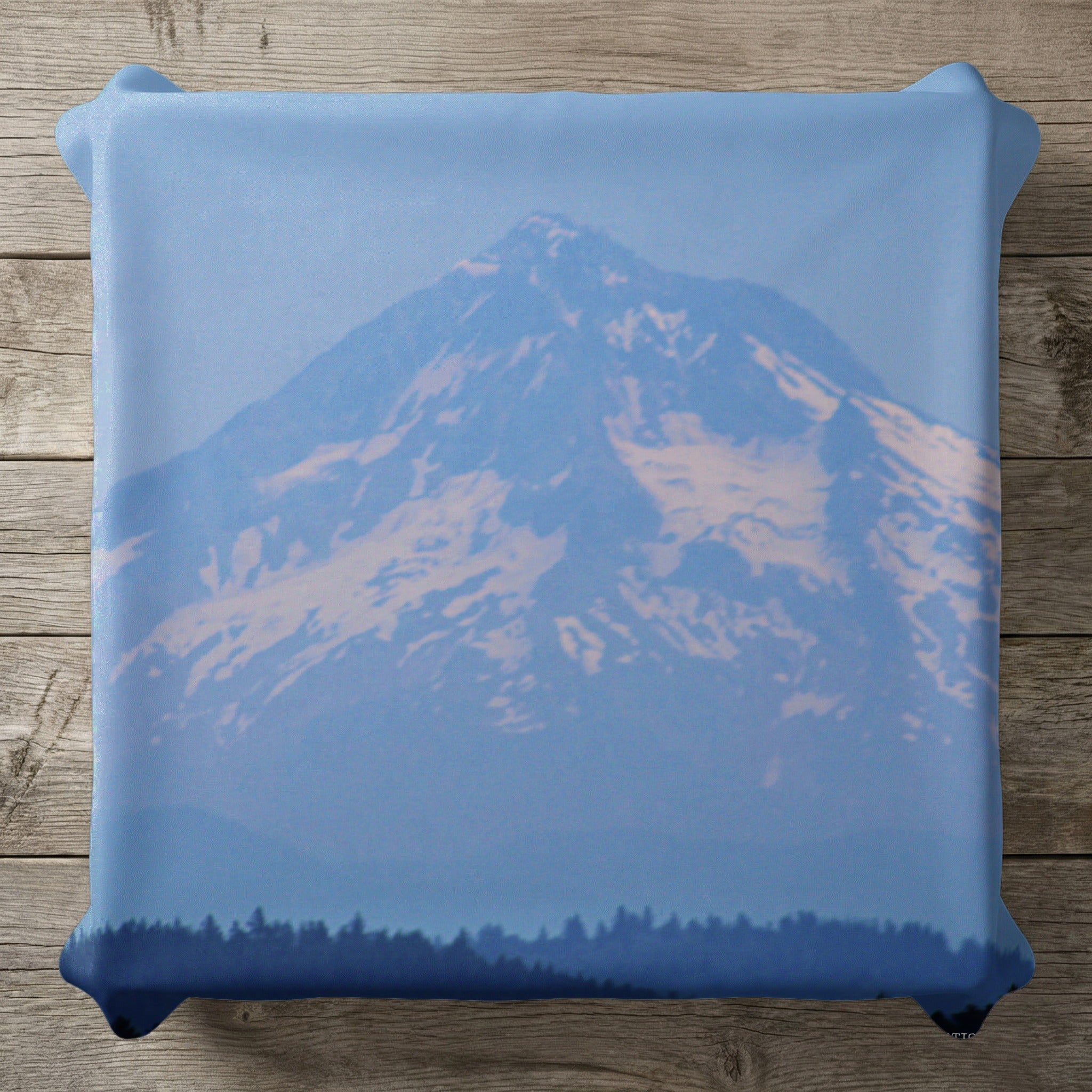 Pillow with a snowy mountain and forest silhouette.