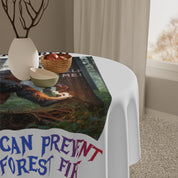 Tablecloth with "CAN PREVENT FOREST FIRE ME!" text and forest imagery.