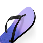 Purple flip-flop with black straps, beach scene on sole.