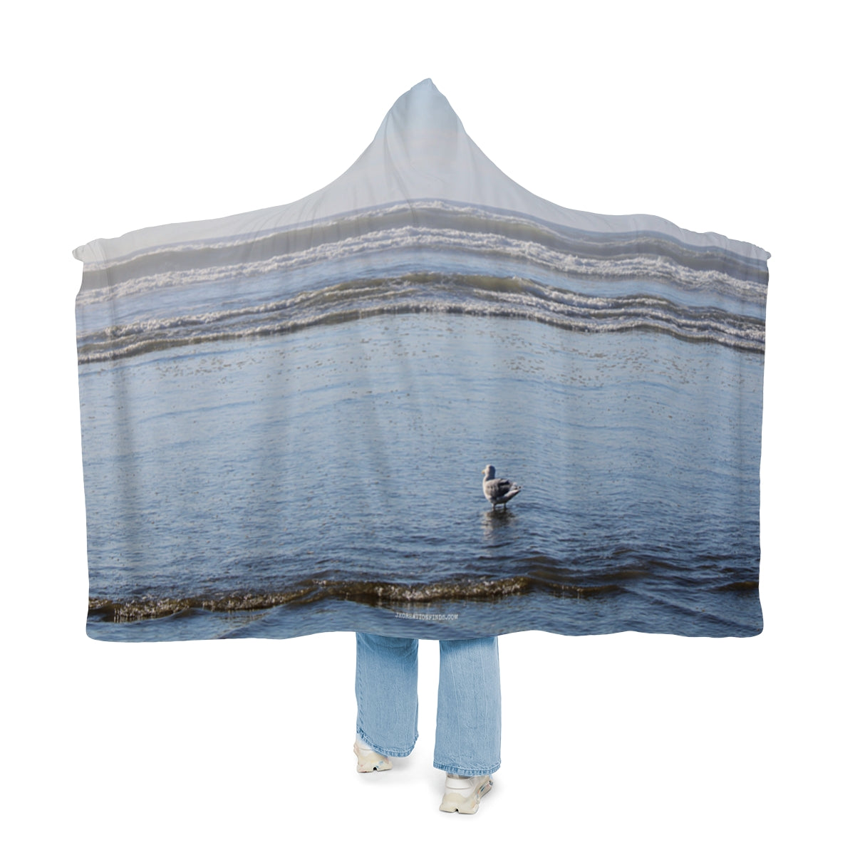 Coastal Scene Printed Hooded Blanket with Seagull Design