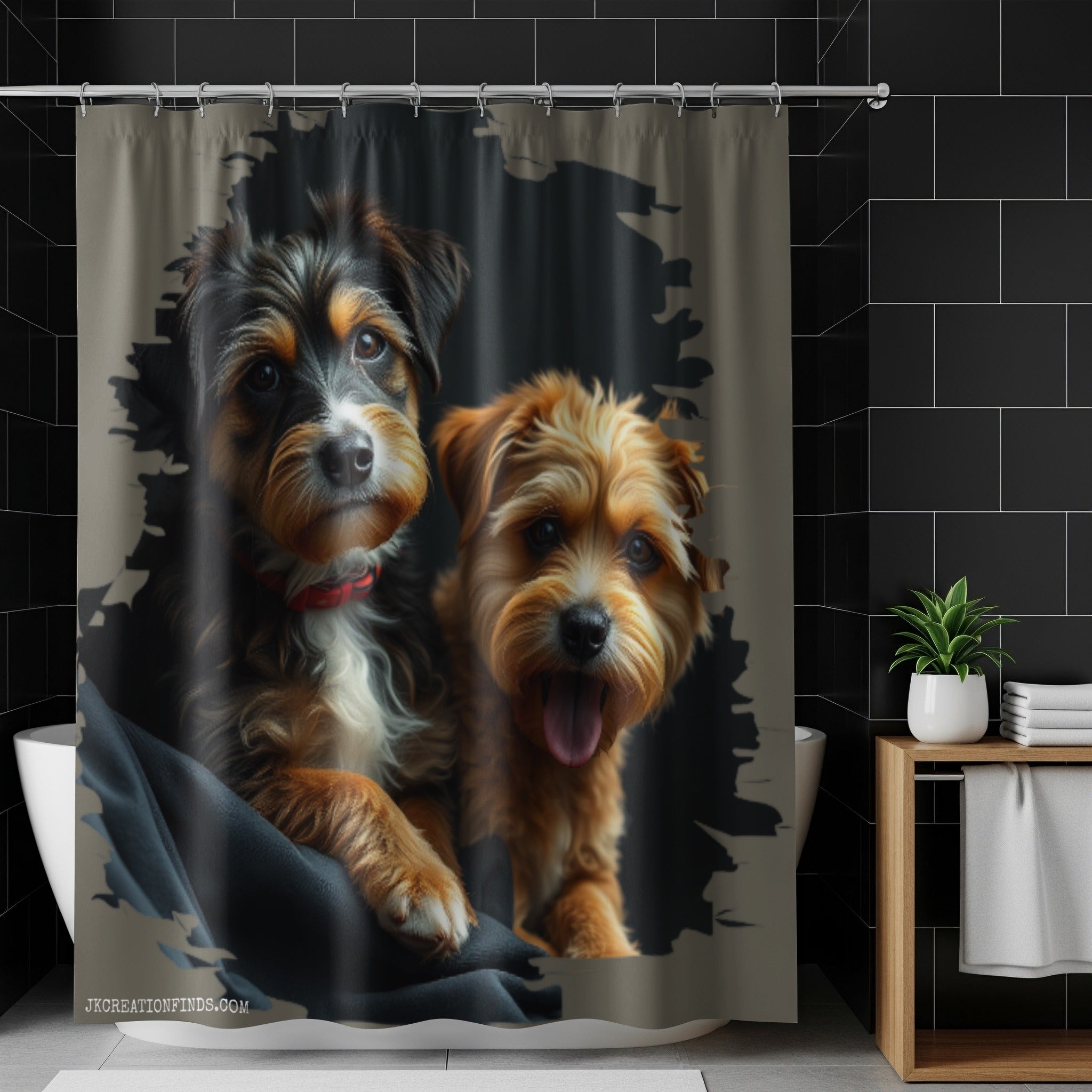 Adorable Dogs Bath Time in Black Bathroom Shower Curtain