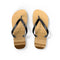 Brown flip-flops with black straps on a white background.