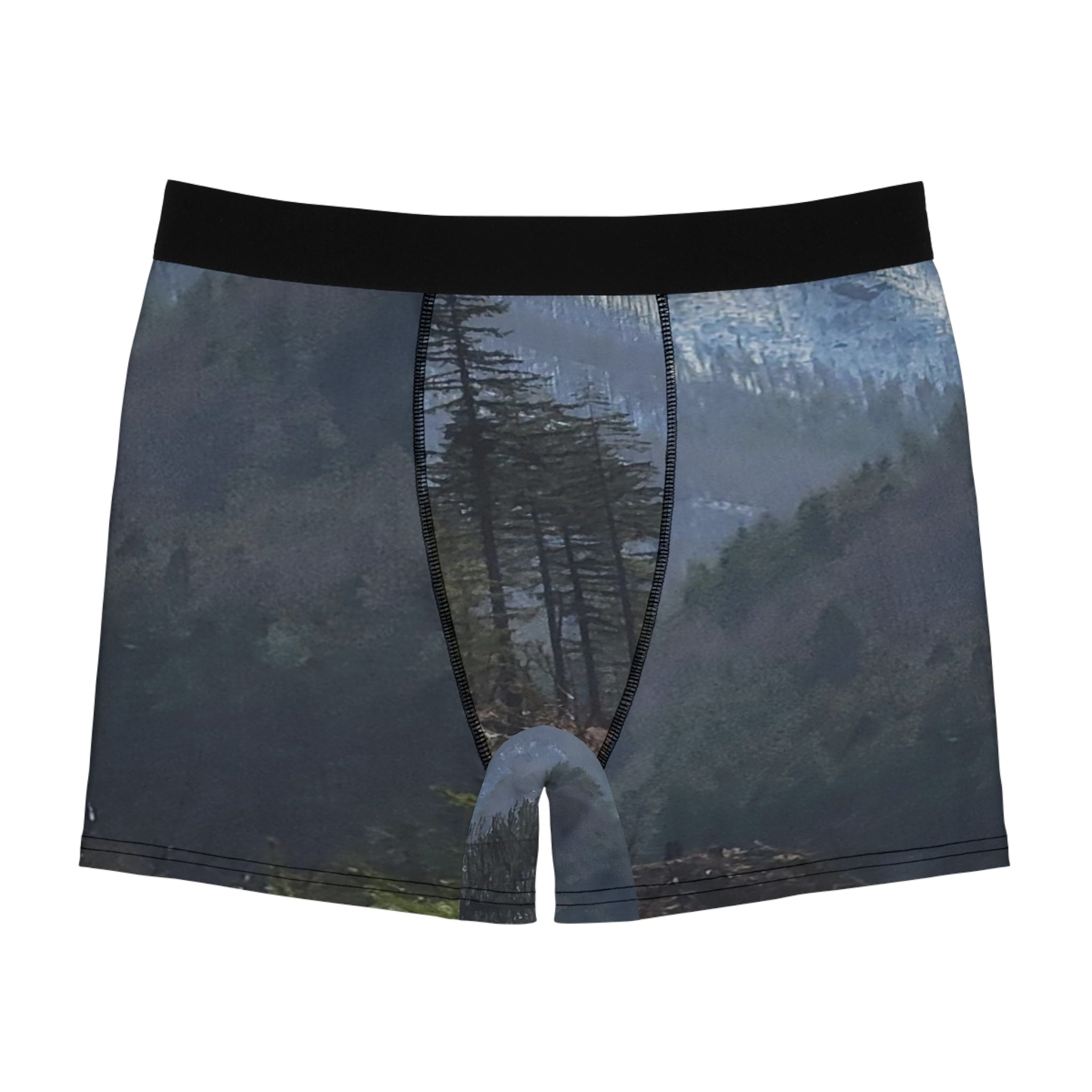 Boxer briefs with a dark forest and mountains print.