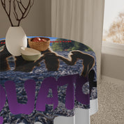 Round tablecloth with "WASHAT" text and a stylized bear graphic.