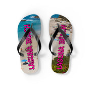 Laguna Beach flip-flops with a beach scene and text.